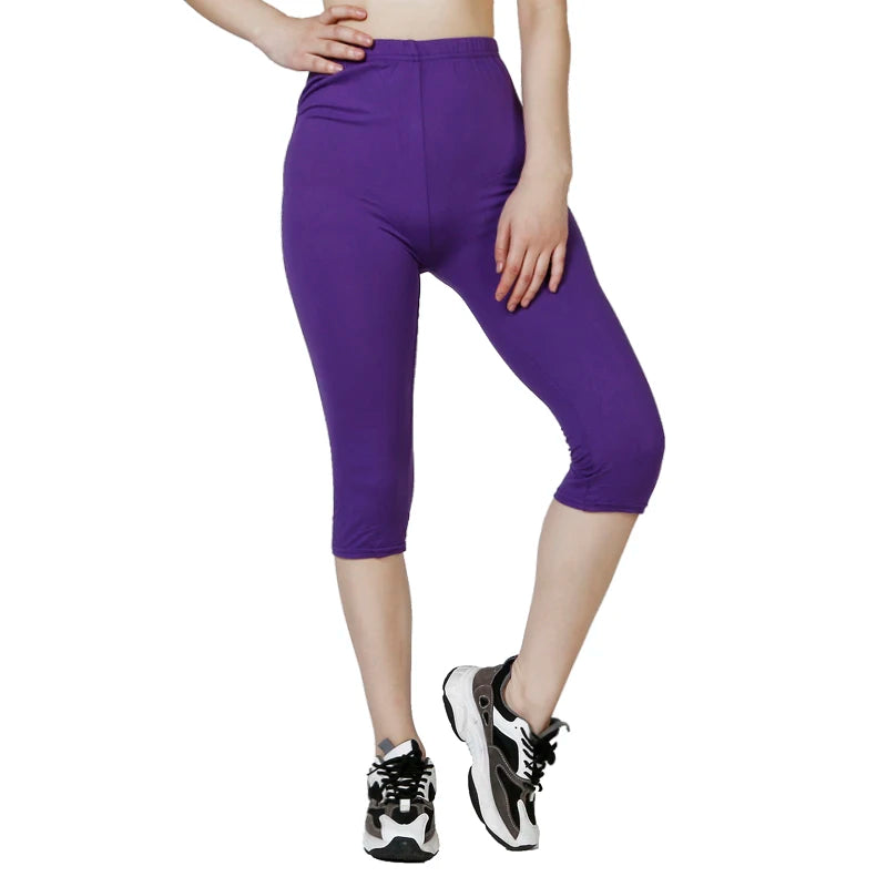 Premium Quality 2026 Winter Style QR63 Solid Color Capris Leggings, WOMEN'S Fashionable Elastic Waist Exercise, Short Leg Pants