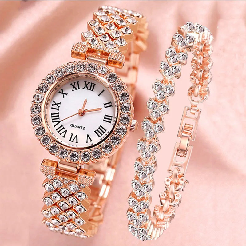 Rose Gold 2026 Premium Quality Rhinestone Watch & Bracelet Set For Women, Shine Like a Diamond 2 PCS Luxury Rose Gold Watch & Bracelet Premium, Feminine & Irresistibly Chic, Elegant Rose Gold Rhinestone Watch Set