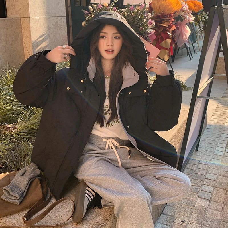 2025 Autumn Winter Puffer Jacket Women Thicken Down Cotton Padded Loose Coat Female Hooded Solid Long Sleeve Short Parkas