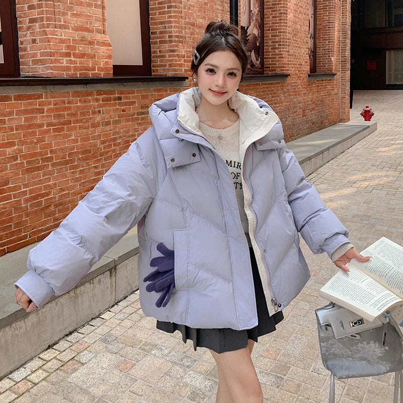 2025 Autumn Winter Puffer Jacket Women Thicken Down Cotton Padded Loose Coat Female Hooded Solid Long Sleeve Short Parkas