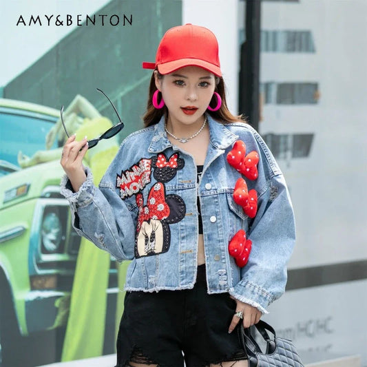 Fashion Brand Jeans Coat Women's Spring Autumn New Heavy Industry Cartoon Sequins Chaqueta High Street Loose-Fitting Denim Coats