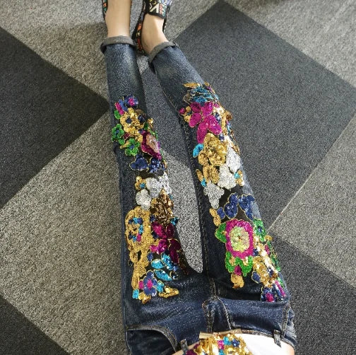 European Style Denim Jacket Fashion Outfit Women New Flower Sequined jeans Vest coat
