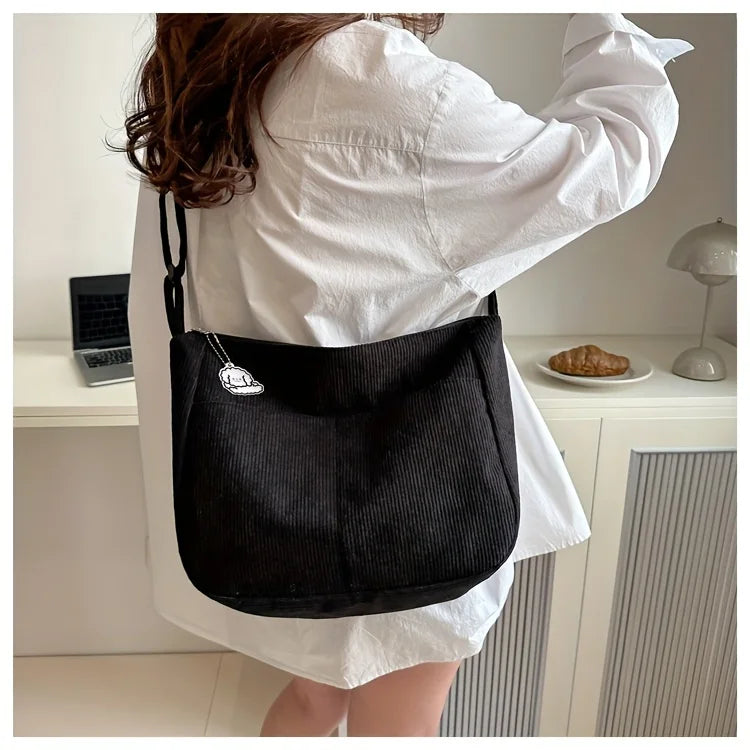 Women’s Corduroy Shoulder Bag, Casual Striped Large Capacity Tote with Zipper Closure, Cute Hat Patch, Perfect for Everyday Use