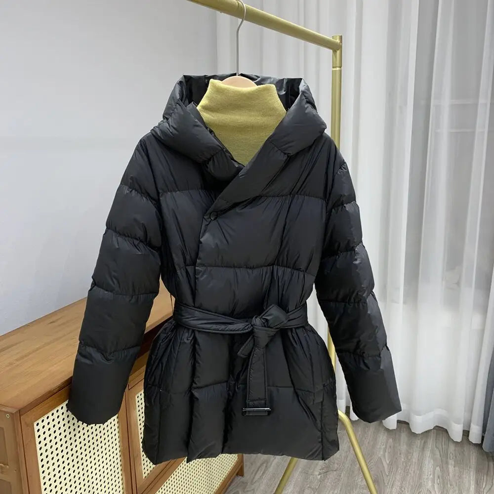 Winter Hooded Women's Down Jackets Ultra Light Warm Casual Lace-up Coat Female Puffer Jacket With Belt Elegant Parka Overcoat