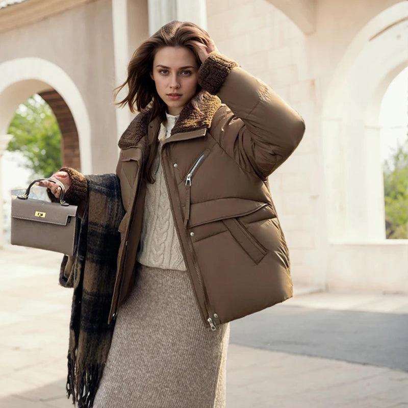 Winter Warm Puffer Jacket Cute Short Parka Patchwork Cotton-padded Coat Trendy Loose Fitting Hooded Zipper Windproof Outerwear