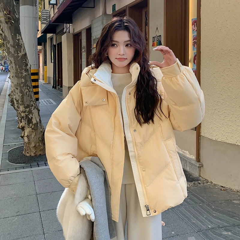 2025 Autumn Winter Puffer Jacket Women Thicken Down Cotton Padded Loose Coat Female Hooded Solid Long Sleeve Short Parkas