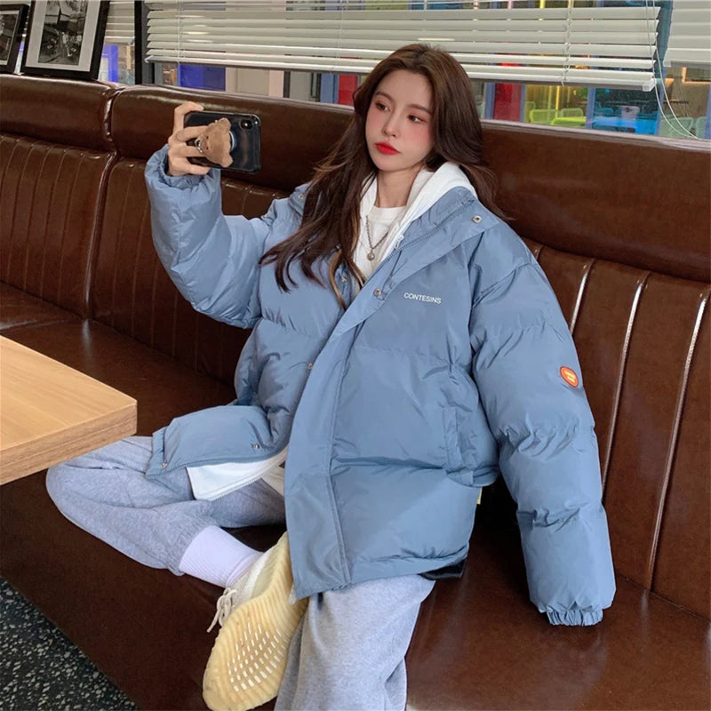 Chic Faux Two Design Pieces Parkas Women Puffy Patchwork Hooded Parka Jacket Woman Winter Pockets Zipper Up Padded Jacket Ladies