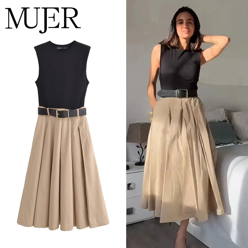 Premium Pleated Midi Dress Sexy, 2026 Elegant & Belted to Shape Your Perfect Silhouette Summer Luxe Sleeveless Knit Midi Dress with Chic Belt & Party Ready Pleats