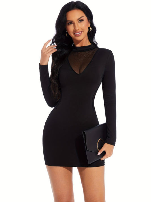 Sexy Mesh & Bodycon Mini Dress That Turns Heads!, Mesh Contrast Bodycon Mini Dress Must Have, Flirty, Fierce & Stretchy Long Sleeve Party Dress for Bold Women, Sexy Solid Mesh Mini Dress 2026